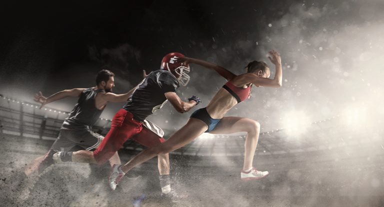 Irresistible in attack. Multi sports collage about basketball, American football players and fit running woman. Conceptual photo with running athletes in motion or movement at stadium with sand, smoke